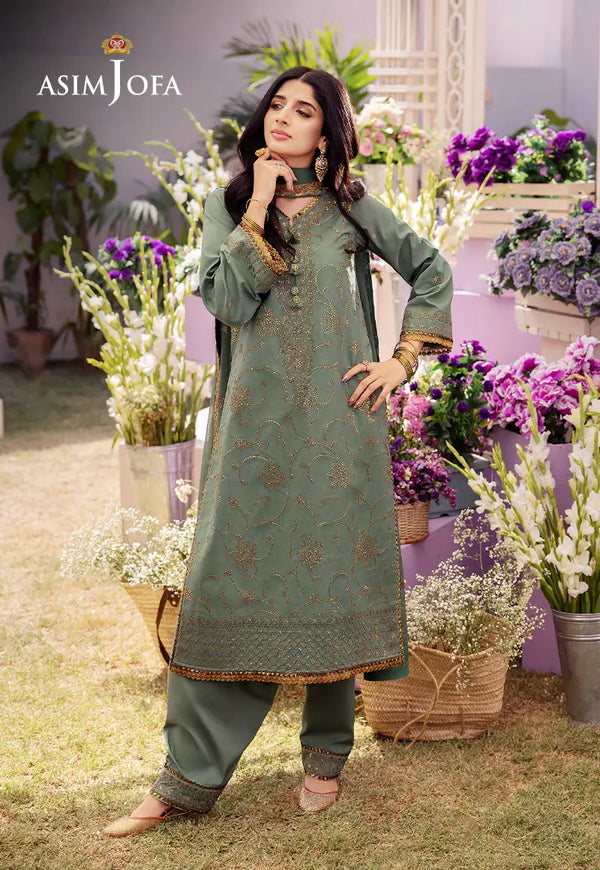 ASIM JOFA - 3 PIECE EMBROIDERED JUMBO SILK SUIT - GREEN (UNSTITCHED)