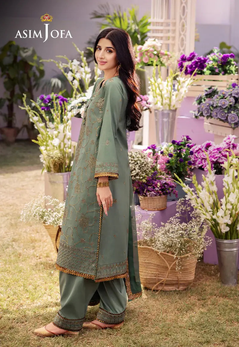 ASIM JOFA - 3 PIECE EMBROIDERED JUMBO SILK SUIT - GREEN (UNSTITCHED)