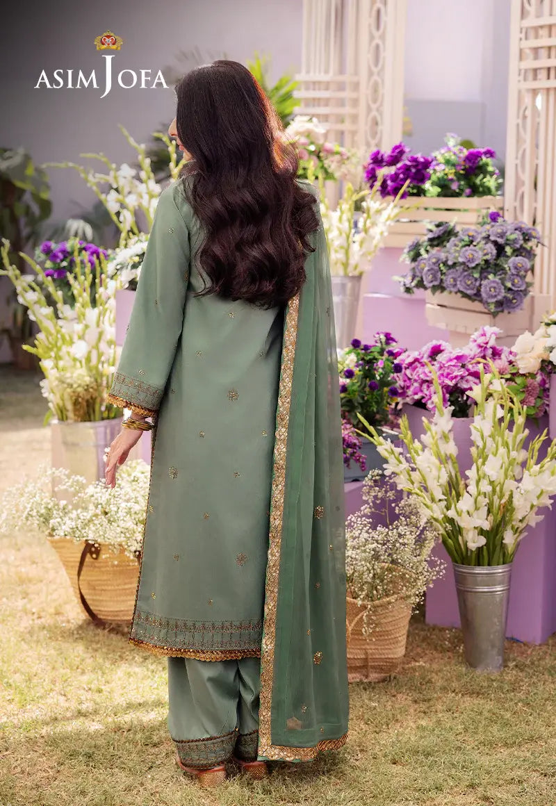 ASIM JOFA - 3 PIECE EMBROIDERED JUMBO SILK SUIT - GREEN (UNSTITCHED)