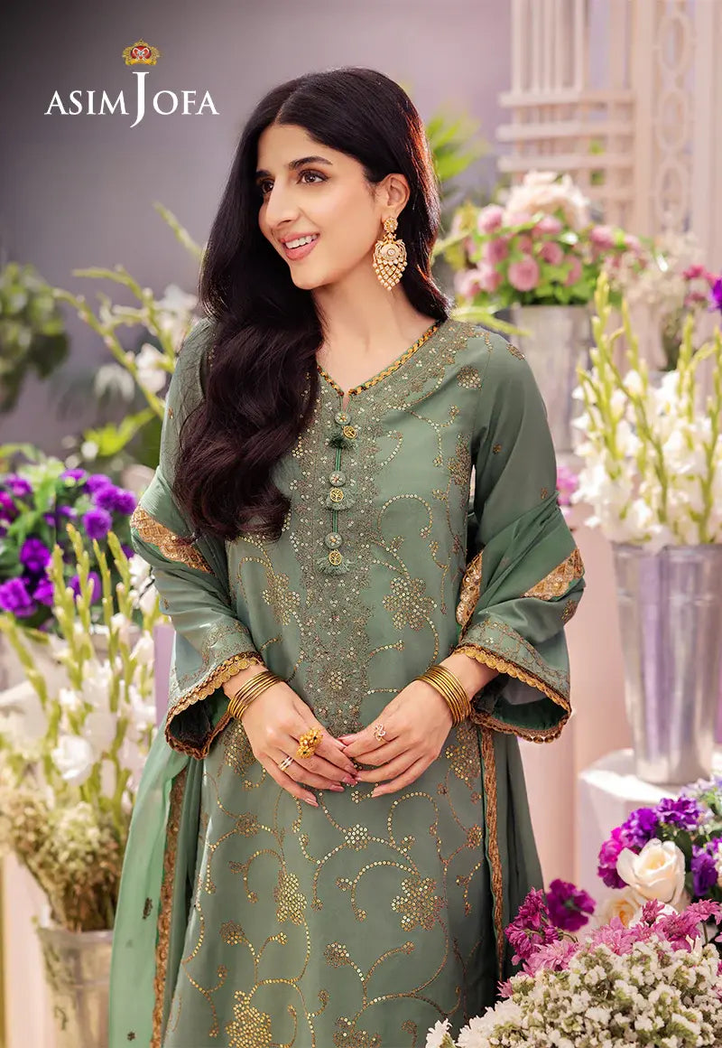 ASIM JOFA - 3 PIECE EMBROIDERED JUMBO SILK SUIT - GREEN (UNSTITCHED)