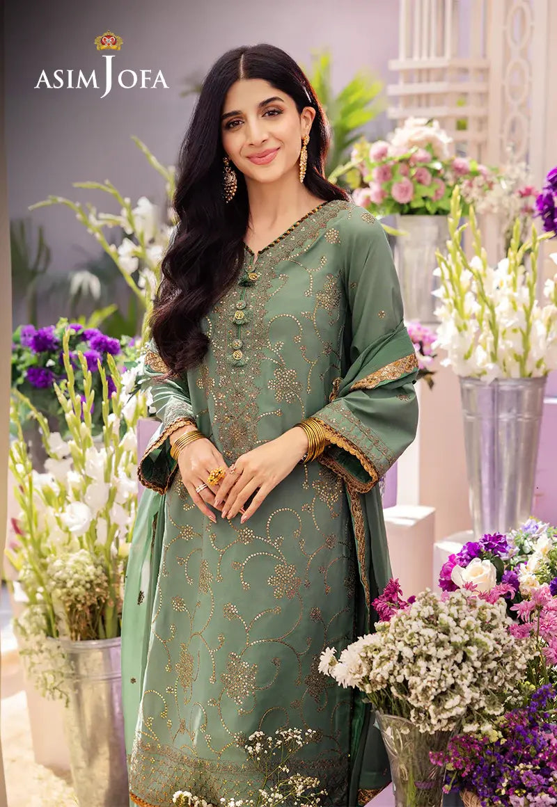 ASIM JOFA - 3 PIECE EMBROIDERED JUMBO SILK SUIT - GREEN (UNSTITCHED)