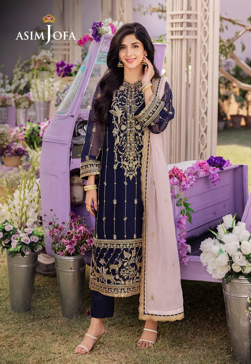 ASIM JOFA - 3 PIECE EMBROIDERED CHIFFON SUIT - BLUE (UNSTITCHED)