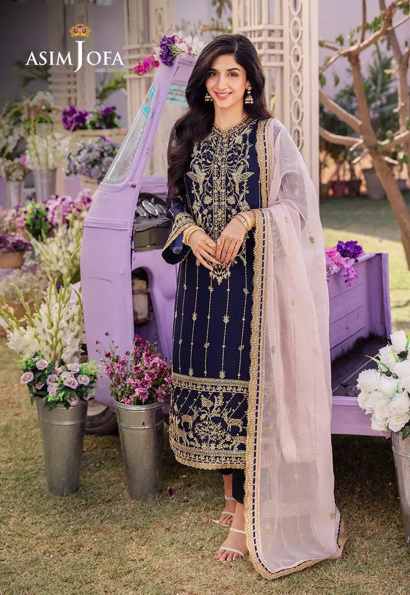 ASIM JOFA - 3 PIECE EMBROIDERED CHIFFON SUIT - BLUE (UNSTITCHED)