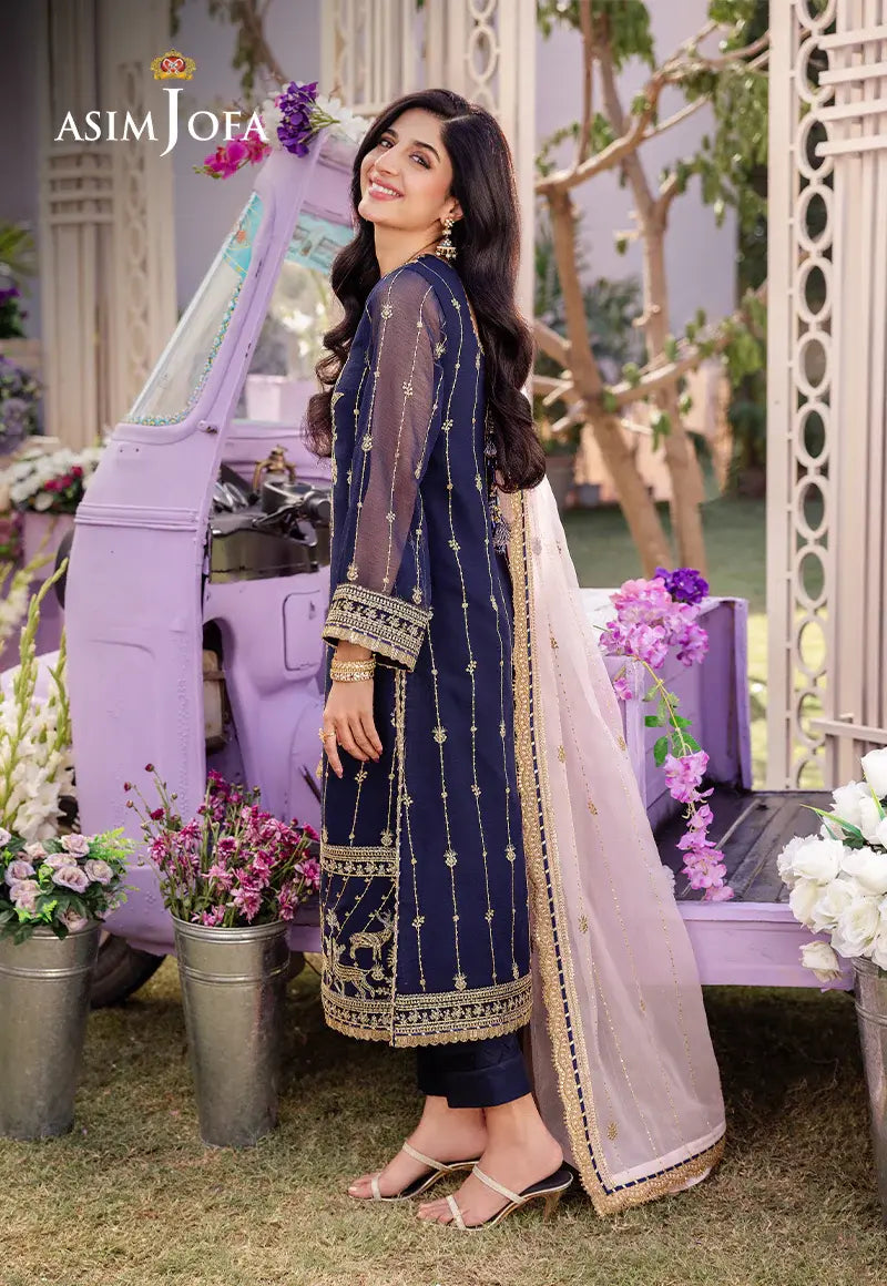 ASIM JOFA - 3 PIECE EMBROIDERED CHIFFON SUIT - BLUE (UNSTITCHED)