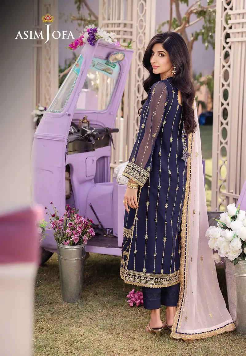 ASIM JOFA - 3 PIECE EMBROIDERED CHIFFON SUIT - BLUE (UNSTITCHED)