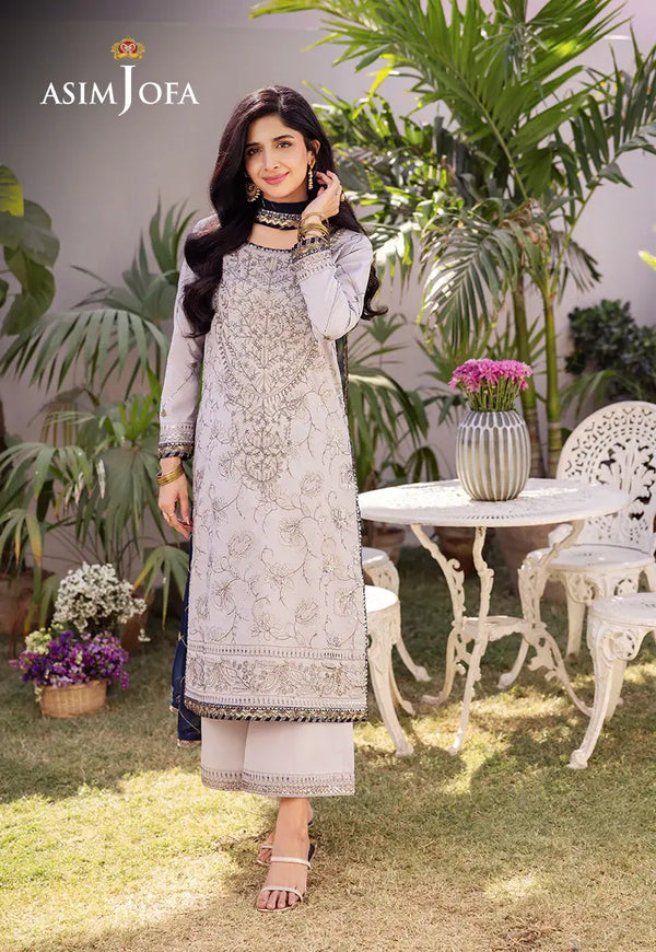 ASIM JOFA - 3 PIECE EMBROIDERED BOSKI SILK SUIT - GREY (UNSTITCHED)