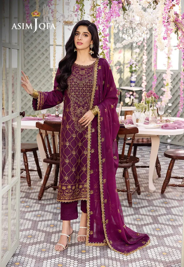 ASIM JOFA - 3 PIECE EMBROIDERED  JUMBO SILK SUIT - PURPLE (UNSTITCHED)