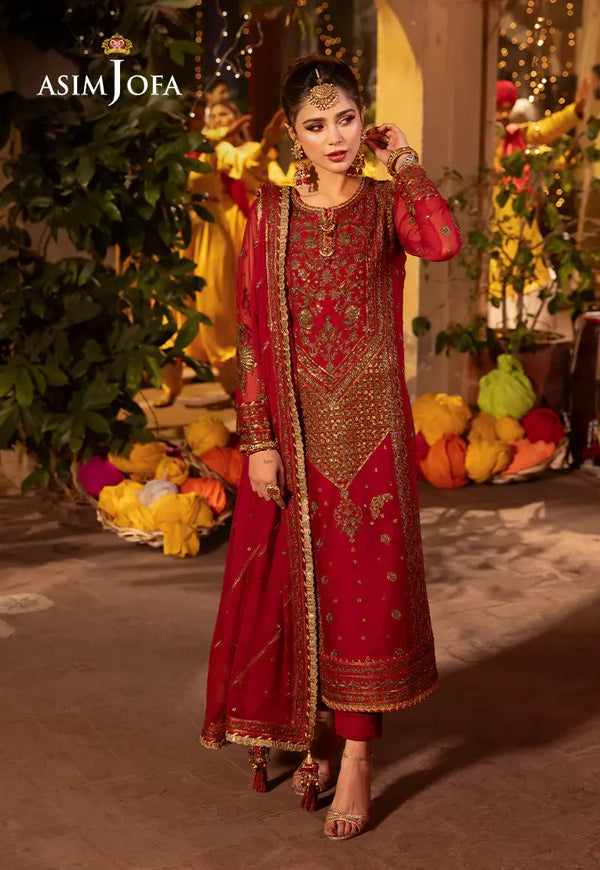 ASIM JOFA - 3 PIECE EMBROIDERED CHIFFON SUIT - RED (UNSTITCHED)