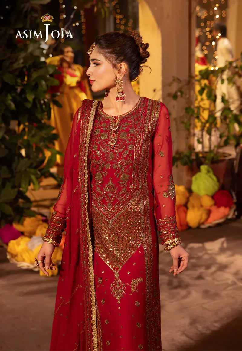 ASIM JOFA - 3 PIECE EMBROIDERED CHIFFON SUIT - RED (UNSTITCHED)