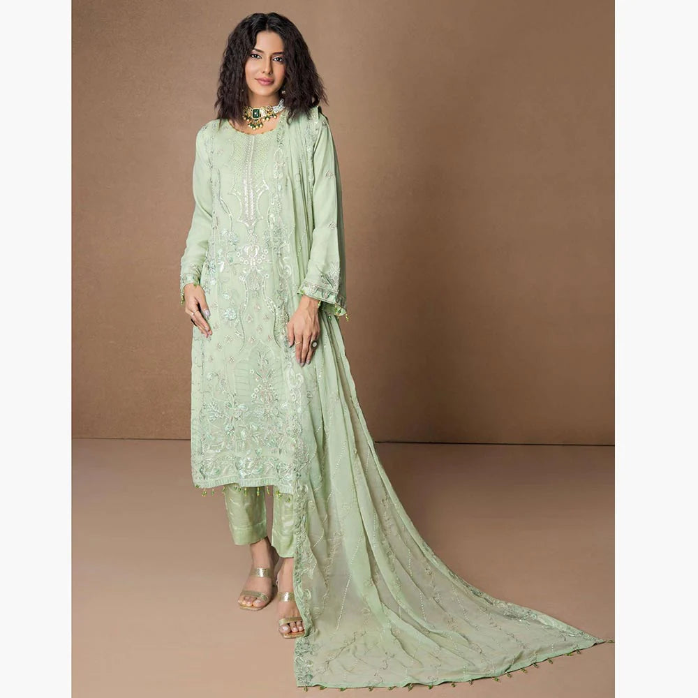 MEHNAZ MI CREATION - 3 PIECE EMBROIDERED LUXURY CHIFFON SUIT – GREEN