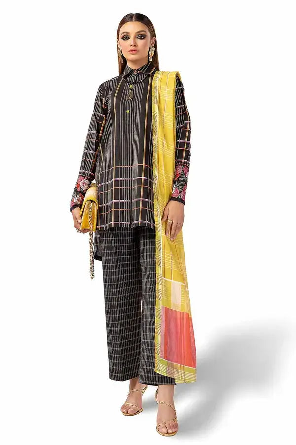 GUL AHMED - 3 PIECE PRINTED LAWN SUIT - BLACK (UNSTITCHED)