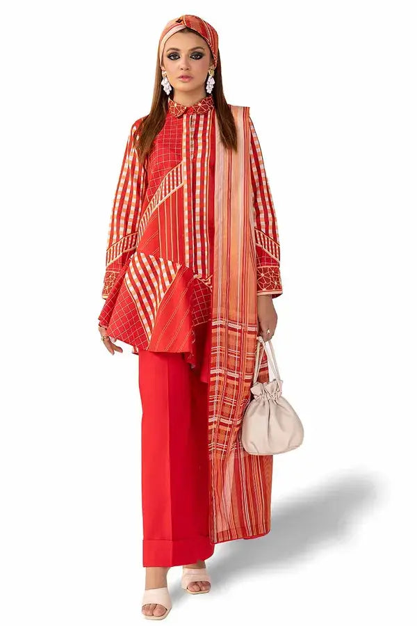 GUL AHMED - 3 PIECE PRINTED LAWN SUIT - RED (UNSTITCHED)