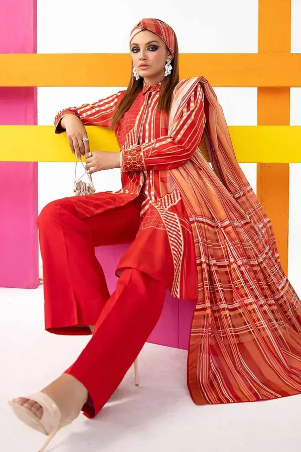 GUL AHMED - 3 PIECE PRINTED LAWN SUIT - RED (UNSTITCHED)