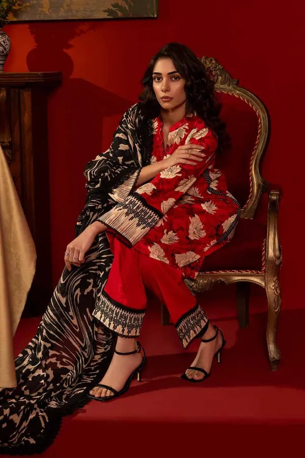 GUL AHMED - 3 PIECE PRINTED LAWN SUIT - RED (UNSTITCHED)