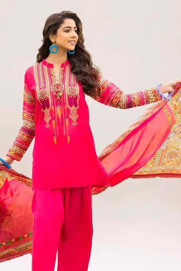 GUL AHMED - 3 PIECE PRINTED LAWN SUIT - PINK (UNSTITCHED)