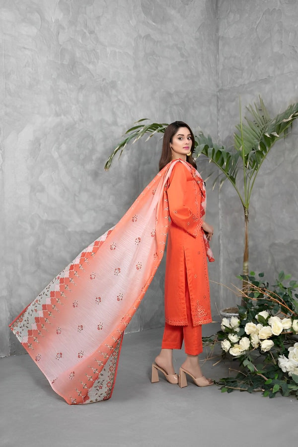 TAWAKKAL 3Pc Embroidered Lawn Suit - Orange (PRET)