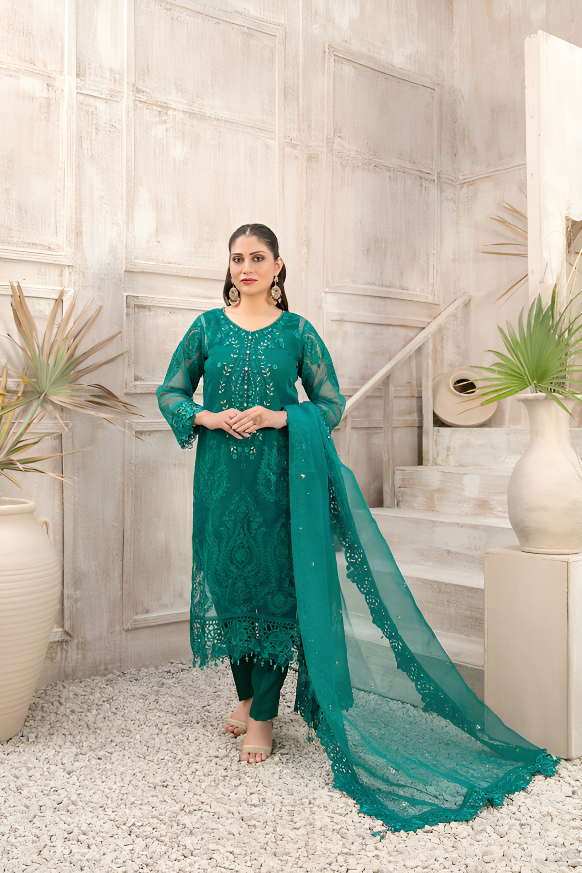 TAWAKKAL FABRICS - 3 PIECE EMBROIDERED ORGANZA SUIT - SEA GREEN (UNSTITCHED)