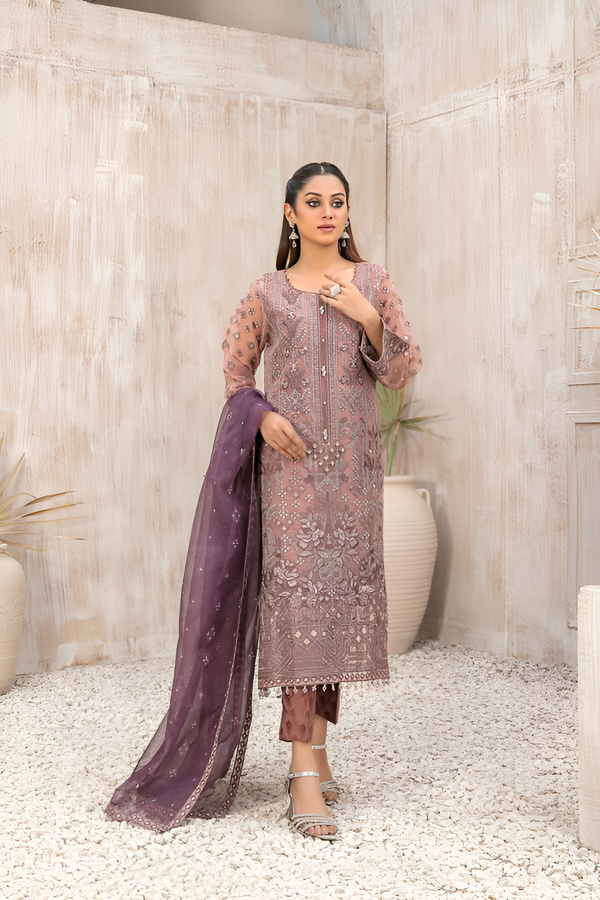 TAWAKKAL FABRICS - 3 PIECE EMBROIDERED ORGANZA SUIT - PURPLE (UNSTITCHED)