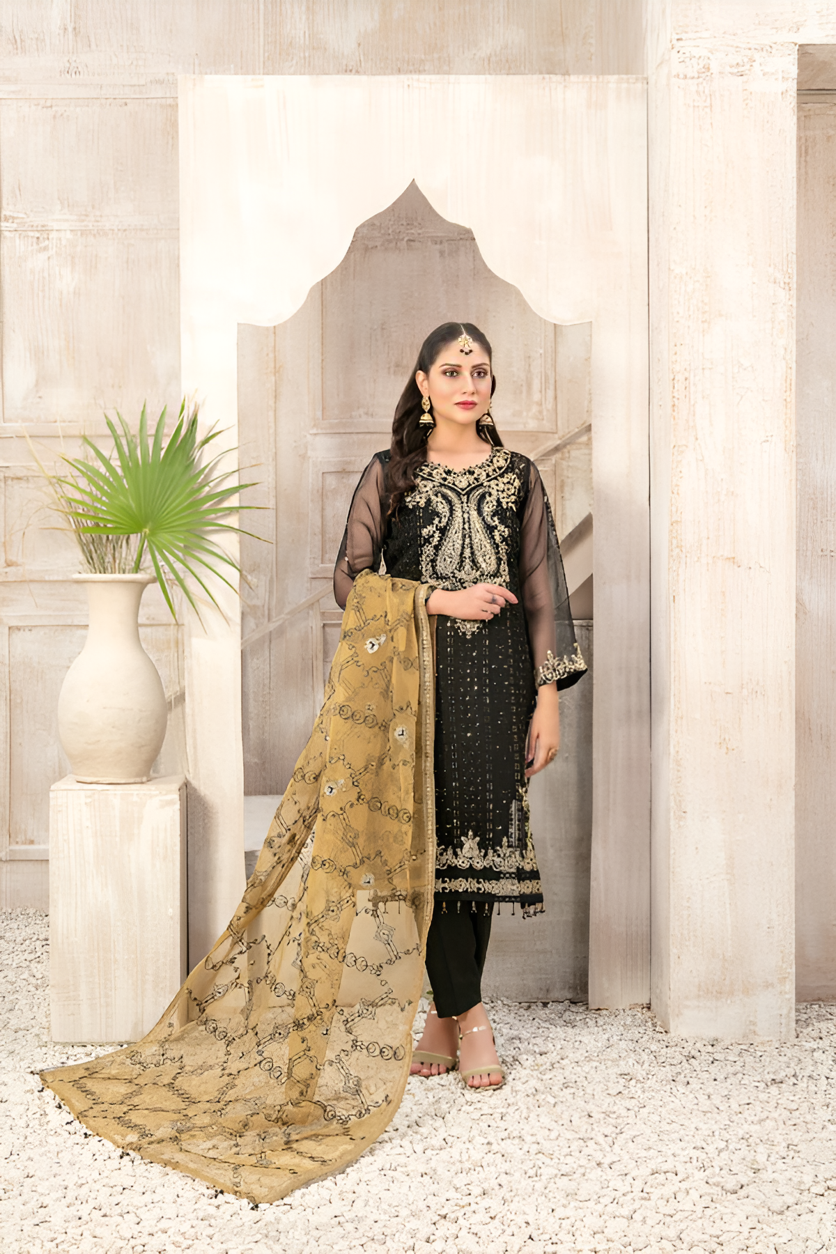 TAWAKKAL FABRICS - 3 PIECE EMBROIDERED ORGANZA SUIT - BLACK (UNSTITCHED)