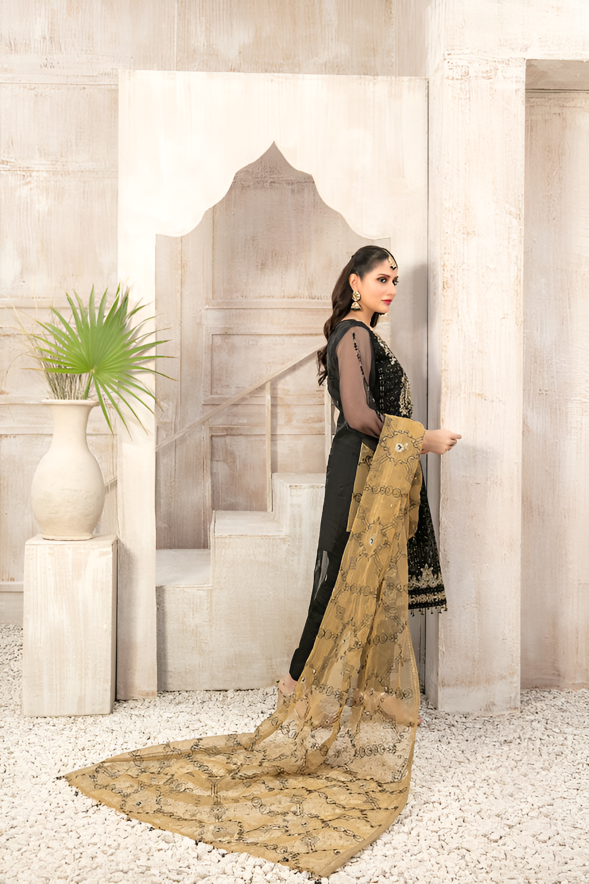 TAWAKKAL FABRICS - 3 PIECE EMBROIDERED ORGANZA SUIT - BLACK (UNSTITCHED)