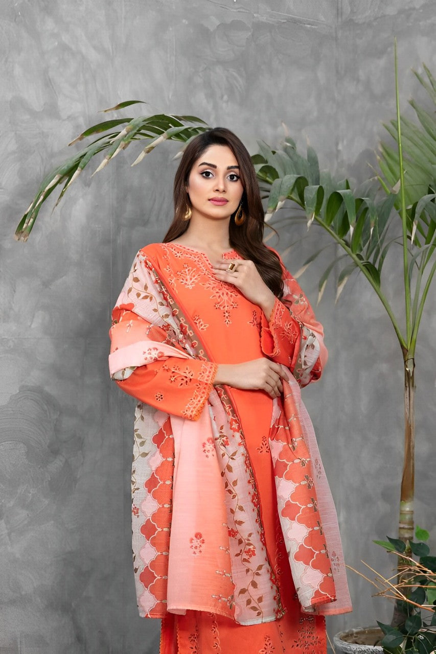 TAWAKKAL 3Pc Embroidered Lawn Suit - Orange (PRET)