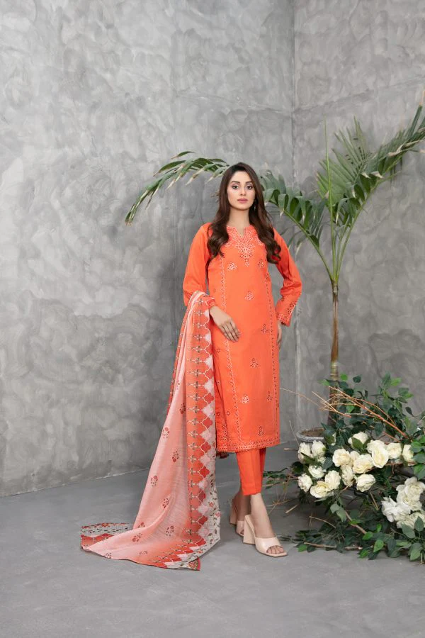 TAWAKKAL 3Pc Embroidered Lawn Suit - Orange (PRET)