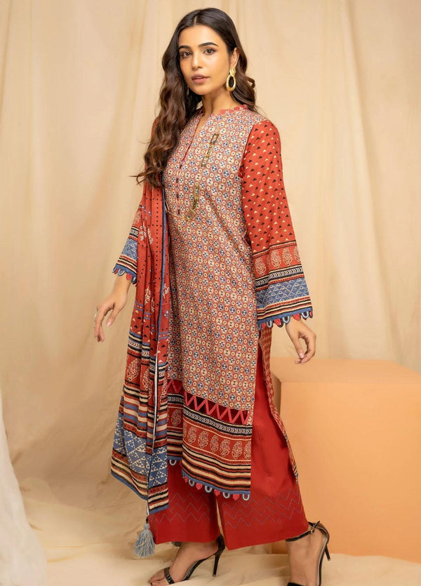 LAKHANY 3PC Pearl Printed Lawn - Orange (UNSTITCHED)