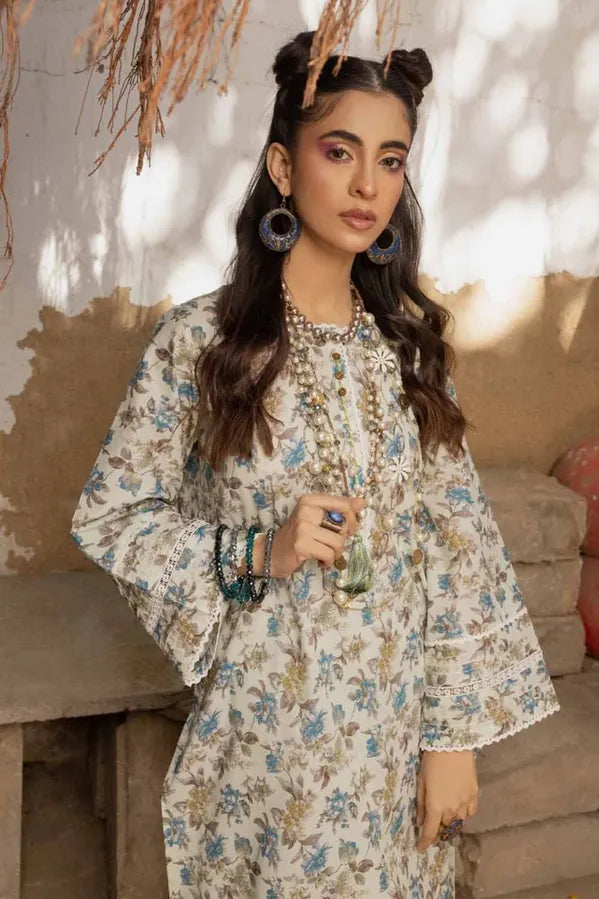 GUL AHMED - 2 PIECE EMBROIDERED PRINTED LAWN SUIT - LIGHT GREY (UNSTITCHED)