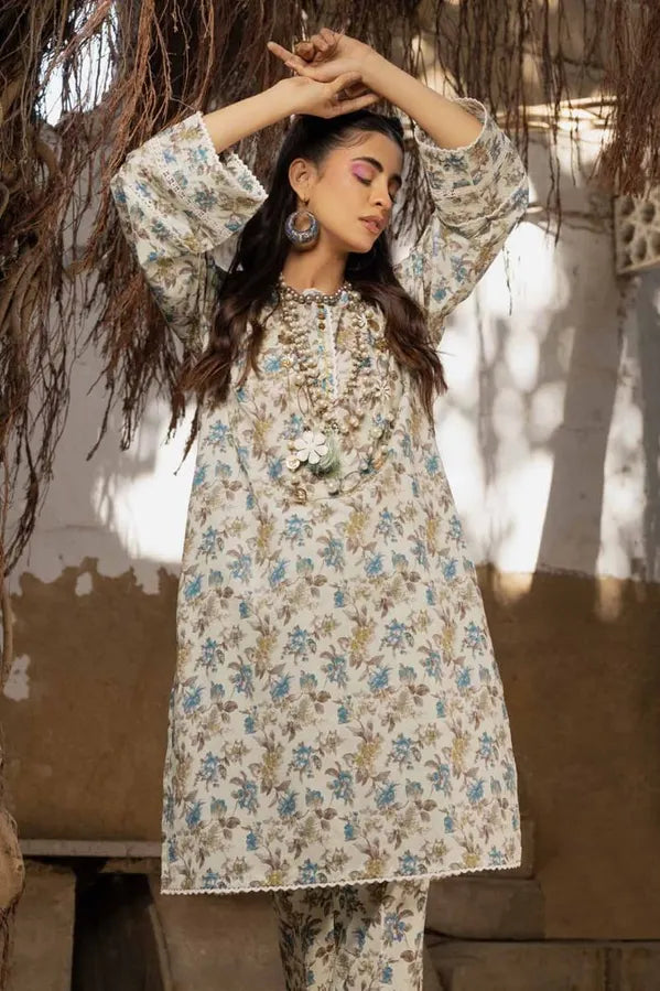 GUL AHMED - 2 PIECE EMBROIDERED PRINTED LAWN SUIT - LIGHT GREY (UNSTITCHED)